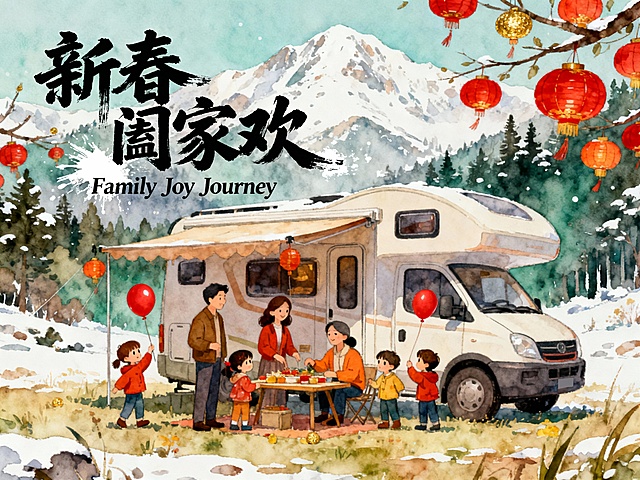 水彩风插画，融合国潮与水墨元素，描绘一家人在雪景中房车野餐的温馨场景，红灯笼与气球点缀，传递新春喜庆与团圆之乐。