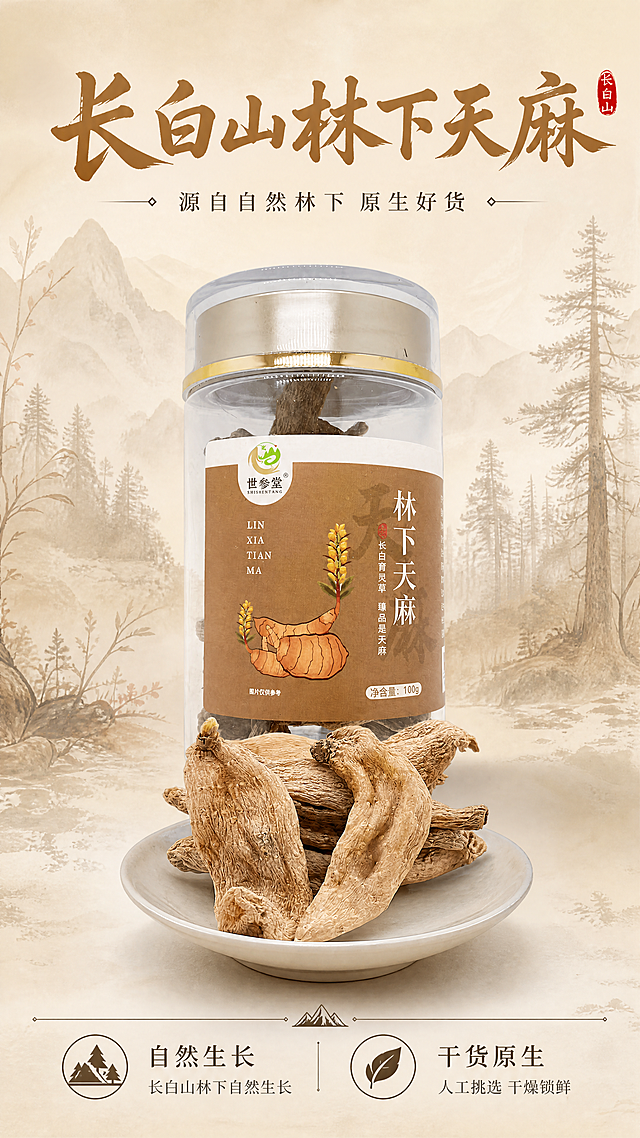 [第1屏] 详情页头图-长白山林下天麻商品宣传海报，展示产品全貌。
[氛围/风格] 浅棕色淡墨国风，自然雅致，具有商业摄影质感，体现长白山天然食材的原生态美感。
[元素布局] 本屏使用【图1】作为罐装产品主体，【图2】作为干货天麻展示，罐装产品占据画面中心区域，占比约60%，干货天麻摆放在罐装产品下方作为搭配展示。保持产品的物理结构、材质质感、包装颜色与输入产品图一致，背景融入淡墨山水和浅棕色森林元素，体现自然生长的主题。
[光影质感] 顶部柔光主光照亮产品整体，周围辅以浅淡环境光，在底部形成柔和自然投影，整体画面通透，产品轮廓和细节清晰真实。
[配色色系] 全局底色：#f0e8d8（浅棕米白）；主体配色：#b38b59（浅棕包装）+#d9b38c（天麻本色）；辅助色：#4a5046（淡墨）+ #333333（文字）。
[视角构图] 正面平视构图，产品主体居中，上半部分预留主标题区域，下半部分搭配干货天麻展示，整体阅读动线从上到下，干净简洁。
[文字版式] 主标题放在画面上方居中，文字为"长白山林下天麻"，字体采用国风书法字体，浅棕色，字号较大醒目；副标题放在主标题下方，文字为"源自自然林下 原生好货"，字号约为标题一半；底部信息区域标注核心卖点"自然生长 干货原生"，文字清晰排版工整，所有文字不遮挡产品主体。
[比例分辨率] 9:16竖版比例，4K分辨率，文字清晰可辨。
[负向提示词] 产品变形，包装文字错乱，颜色偏差，水印，文字模糊，背景杂乱，缺件错件，结构错误。