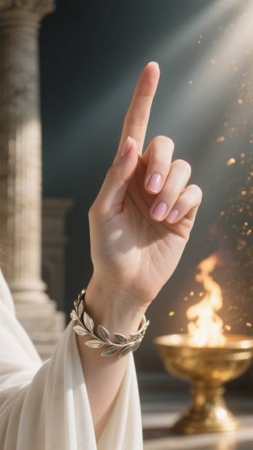 特写镜头，一位身着古希腊白色长袍的女祭司的右手，手掌朝向右侧，食指伸直向上指，中指、无名指和小指自然弯曲，拇指轻靠食指根部，细腻光滑的浅米色皮肤在圣火祭坛的黄金光芒下泛着珍珠般的光泽，修剪整齐的指甲透出淡淡的粉色甲床，手背上可见如大理石雕刻般的轻微血管纹理和自然掌纹，手腕线条流畅自然地连接着缠绕着月桂叶的银手镯，背景是朦胧的神庙柱廊和跳动的圣火光晕，空气中漂浮着细小的金色尘埃，光线从斜上方45……预览效果