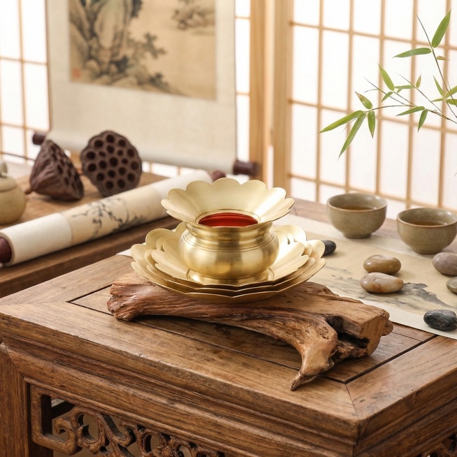 保留图中的黄铜香炉围产品不变，更换为典雅古风禅意背景，重新调整产品的摆放位置，整体美观和谐预览效果