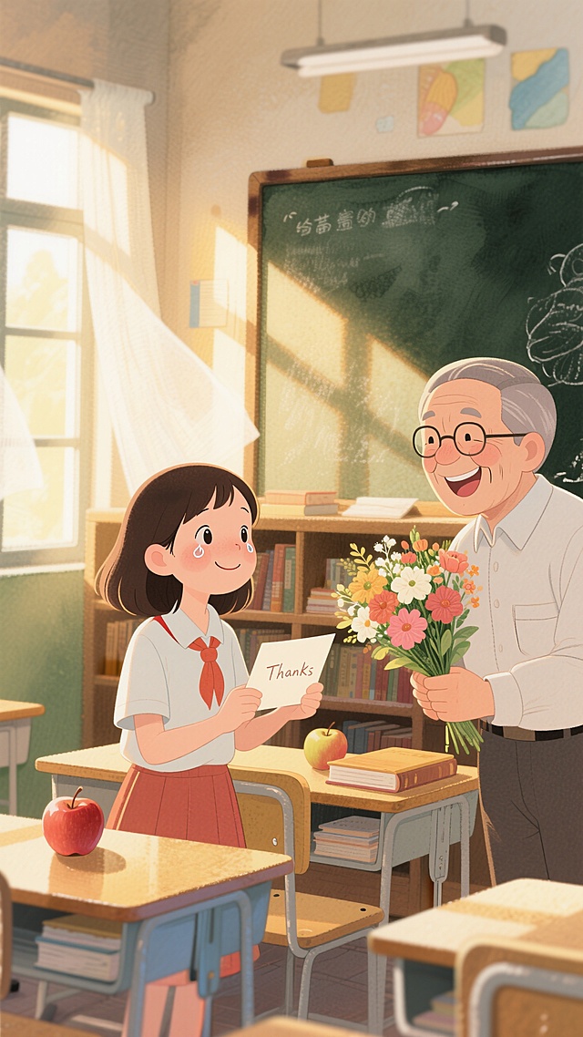 温馨插画风，学生送花给老师，表达感激之情，教室阳光明媚，充满清新与卡通感。