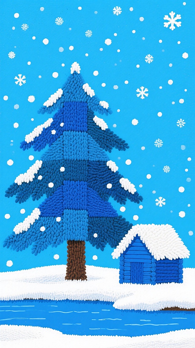 刺绣风插画，蓝调雪景温馨治愈，轻拟物树木与小屋，面料质感细腻，雪花飘落，冬日清新感十足。