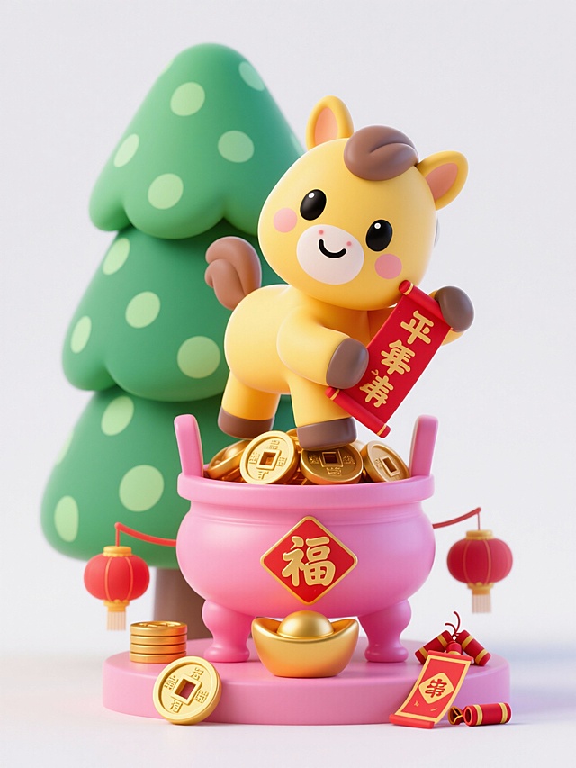 生成一套八张不同姿势的素材图，主角是一只圆润黑眼睛、表情呆萌可爱的 Q 版黄色小马，整体呈现高饱和度的多巴胺糖果色系，纯白色背景，完整展示所有素材
1、粉色的招财鼎承载的新春场景中：小马两只前蹄抱着一副红底金字春联，嘴角微微上扬，它身后簇拥着表面带浅绿色波点的风格化绿色松树，招财鼎底座下摆放着烫金灯笼、方孔铜钱、炮竹与一张倒福字。
2、橘色元宝形礼盒承载的新春场景，小马只前蹄抬起作揖拜年，另一只前蹄抱着烫金红包，耳朵微微晃动，它身后簇拥着花瓣带浅蓝色波点的风格化红梅，礼盒底座下摆放着剪纸灯笼、方孔铜钱、炮竹与一沓压岁红包。
3、檬黄色多层食盒承载的新春场景，小马两只前蹄牵着系着粉丝带的点心礼盒，脑袋歪向一侧卖萌，它身后簇拥着花叶带嫩黄色波点的风格化水仙，食盒底座下摆放着手绘灯笼、方孔铜钱、炮竹与几盒精致的酥糖点心。
4、青柠绿色描金果盘承载的新春场景，小马一只前蹄举着一串红彤彤的糖葫芦，正眯着眼睛啃咬得津津有味，它身后簇拥着枝条带翠绿色波点的风格化银柳，果盘底座下摆放着复古印花灯笼、方孔铜钱、炮竹与一盘装满瓜子花生的果盘。
5、天蓝色陶制食罐承载的新春场景，小马两只前蹄捧着一盘金黄的灶糖，尾巴轻轻摇摆着，它身后簇拥着竹节带天蓝色波点的风格化富贵竹，食罐底座下摆放着镂空宫灯、方孔铜钱、炮竹与一个迷你的木质灶台摆件。
6、橘红色描金聚宝盆承载的新春场景，小马两只前蹄举着一个沉甸甸的大金元宝，耳朵竖得笔直，它身后簇拥着叶片带橘红色波点的风格化年桔，聚宝盆底座下摆放着招财进宝主题灯笼、方孔铜钱、炮竹与一顶精致的财神帽。
7、紫罗兰色竹编簸箕承载的新春场景，小马一只前蹄握着一把小巧的竹扫帚，正在轻轻扫着地，它身后簇拥着花瓣带淡紫色波点的风格化腊梅，簸箕底座下摆放着简约条纹灯笼、方孔铜钱、炮竹与一袋饱满的五谷杂粮。
8、薄荷绿色雕花花灯盏承载的新春场景，小马头顶戴着一个彩色的人胜发饰，两只前蹄开心地拍着，它身后簇拥着花瓣带薄荷绿色波点的风格化桃花，花灯盏底座下摆放着缤纷花灯、方孔铜钱、炮竹与几缕五彩的编织彩绳。