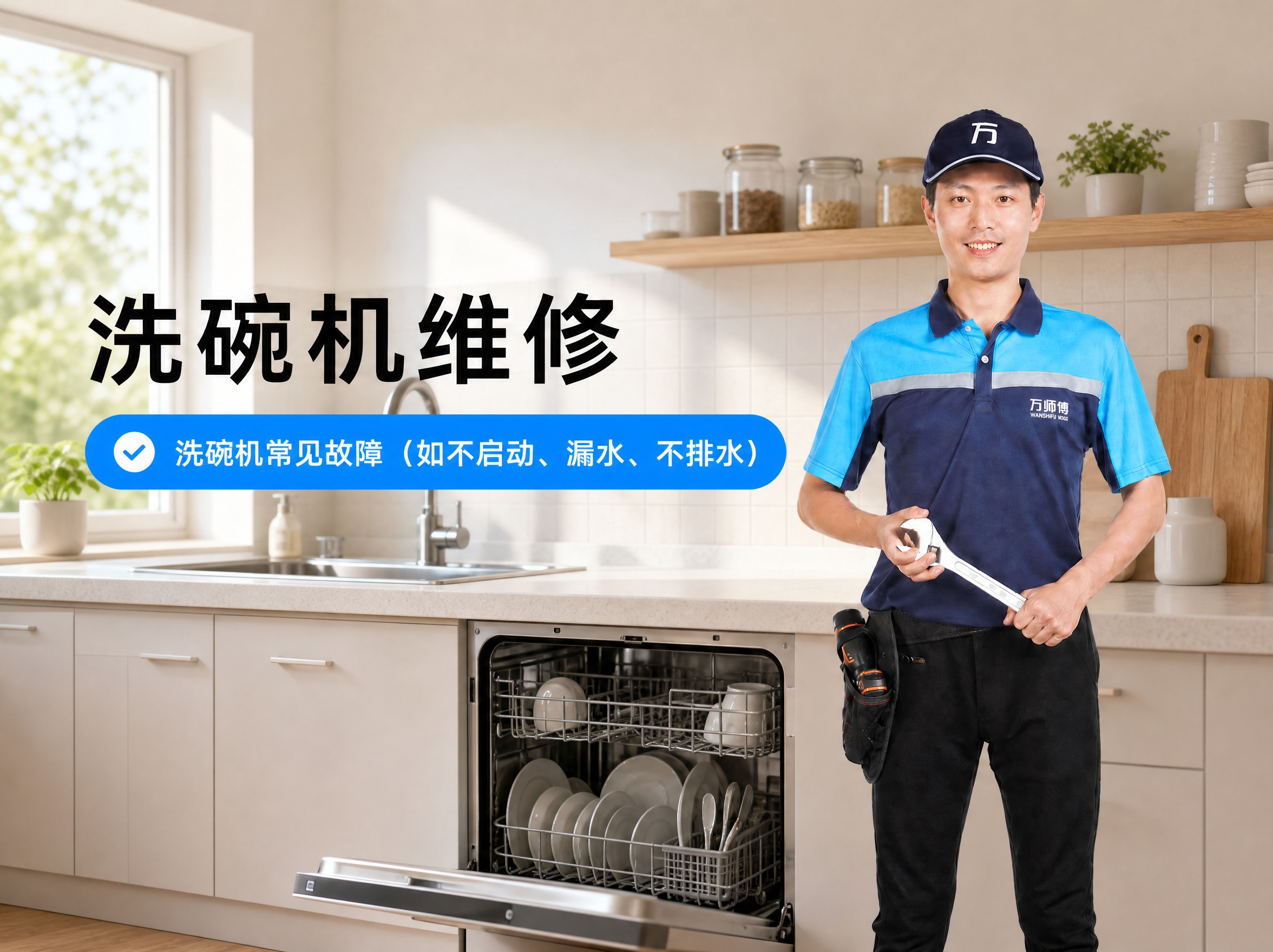 将背景替换为家庭厨房洗碗机场景，主标题文字修改为“洗碗机维修”… - 图片创意预览