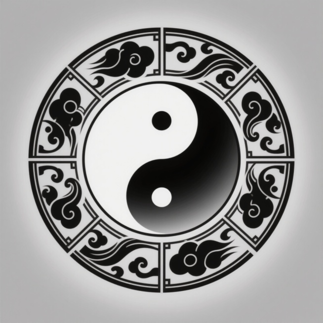 黑白渐变太极图案位于中心，采用对称式圆形构图，外围环绕着具有东方古典韵味的卷曲祥云纹与几何线条装饰边框，整体呈现出简洁而庄重的图腾式设计风格，光影过渡平滑柔和，以单色灰度调营造出神秘而平衡的氛围，图案边缘有细致的线条勾勒增强层次感，变换样式体现在更具流动感的云纹曲线与更复杂的几何分割细节上，保持传统太极阴阳相生的核心意象同时赋予现代简约的视觉表现。预览效果