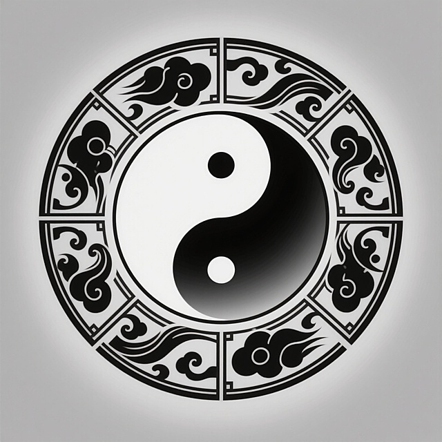 黑白渐变太极图案位于中心，采用对称式圆形构图，外围环绕着具有东方古典韵味的卷曲祥云纹与几何线条装饰边框，整体呈现出简洁而庄重的图腾式设计风格，光影过渡平滑柔和，以单色灰度调营造出神秘而平衡的氛围，图案边缘有细致的线条勾勒增强层次感，变换样式体现在更具流动感的云纹曲线与更复杂的几何分割细节上，保持传统太极阴阳相生的核心意象同时赋予现代简约的视觉表现。