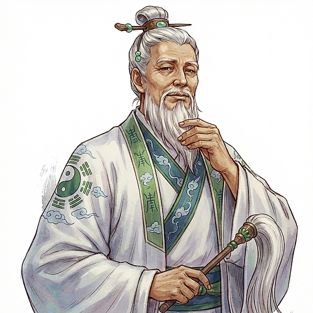 图片的尺寸、比例、画风不做修改，人物的手势、衣服、发型、发饰贴近金庸小说射雕英雄传中王重阳，人物的五官和表情贴近男明星陈道明，要求很明显看出是陈道明，有宗师风范、仙气飘飘、鹤发童颜