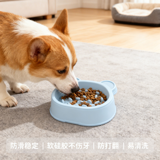 [主图 4] 宠物碗实际使用场景展示图
[氛围/风格] 温馨生活化场景，自然明亮光影
[画面元素] 浅蓝色小熊慢食碗放在客厅地面，碗里装入适量宠物狗粮，一只柯基犬正在低头进食，背景为干净浅色客厅地板，预览效果