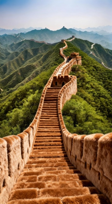 万里长城，整体呈现出全毛绒质感的风格，毛绒有层次感，毛绒颜色为棕色调。建筑保留原始形状，各个部分都如同被柔软的毛绒材质精心包裹预览效果