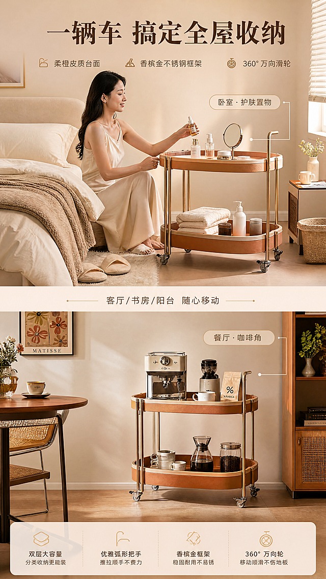 [商品] 使用【图1】右侧DS-813B橙色双层餐车；保留椭圆双层托盘、单弯把手、4个万向滑轮、香槟金不锈钢框架、焦糖橙马鞍皮台面的结构与颜色；餐车自然融入场景。
[画面] 目标：沉浸使用场景页，展示多场景实用性。构图：上下分屏，上半部分卧室场景，年轻女性从餐车上拿取护肤品；下半部分餐厅角落场景，餐车作为咖啡角摆放咖啡机和杯子；两个场景均为暖调自然光，生活感强。
[视觉] 套系策略：风格=轻复古轻奢家居商业摄影；标题字=现代衬线粗体；正文字=简洁无衬线体；主色=奶油棕+焦糖橙；背景延展=基于奶油棕做深浅层级、同色渐变和细腻墙面/织物质感；强调色=香槟金，仅用于小面积图标、引线和标签；标题色=深棕咖；正文色=暖灰棕；组件=圆角浅底信息卡、细线引线、金属质感icon；光影=左前侧暖柔光，自然窗影。
[文字] 顶部主标题「一辆车 搞定全屋收纳」，上下场景各配小字标签：「卧室·护肤置物」「餐厅·咖啡角」；中间分隔线处配小字「客厅/书房/阳台 随心移动」；全部横排，不遮挡人物和产品主体。
[规格] 图片比例9:16竖版，4K分辨率，medium质量；避免变形、错字、文字过小、冷蓝背景、产品颜色改变、结构失真、绝对化用语。