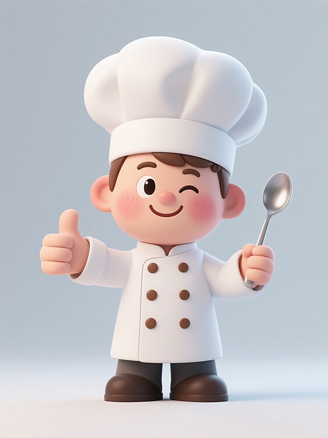 3D风格，干净简约现实逻辑下，可爱卡通厨师形象，头戴白色高帽，身着带棕色纽扣白色厨师服，面带微笑脸颊微红，一只眼俏皮眨，左手竖大拇指，右手握小汤勺，线条简洁色彩明快，尽显亲切友好。