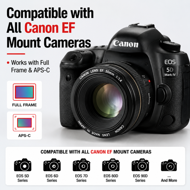 根据佳能EF50 f/1.4 USM产品图生成6张带场景突出产品卖点的速卖通主图，高转换率，英文文案，文案清晰，图标完整预览效果