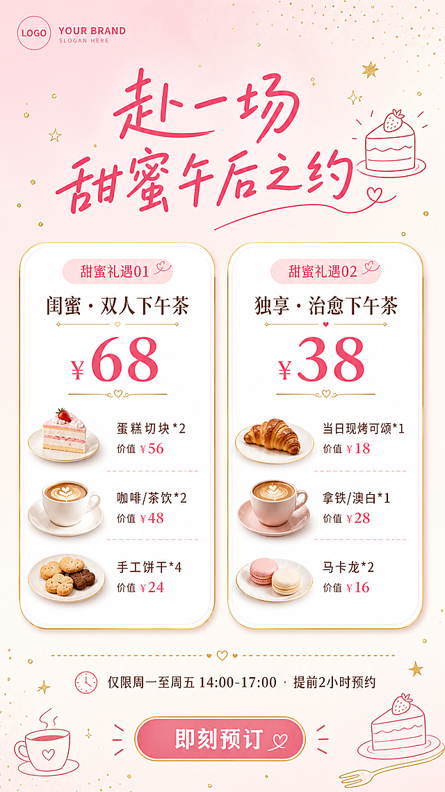 适用场景：面包店、甜品店、西餐厅、咖啡馆
目标人群：年轻女性、白领、闺蜜聚会

整体风格：温柔粉 + 奶油白 + 精致感（小红书风）

视觉描述
元素	描述
背景	浅粉色（#FCE4EC）到奶油白（#FFF8F0）的渐变，搭配细金色小圆点纹理
顶部	左上角LOGO位 + 主标题：“赴一场 甜蜜午后之约”（手写体或圆体，深粉色，右侧加🍰小蛋糕图标）
中间区域	左右两张“下午茶卡”并列，卡片为白色底（#FFFFFF），圆角矩形（圆角32px），带金色细边框和阴影
卡1（左）	粉色标签“甜蜜礼遇01” + 卡名：“闺蜜·双人下午茶” + 价格“¥ 68”（大号粉色字） + 三项内容：
• 蛋糕切块*2 价值¥56
• 咖啡/茶饮*2 价值¥48
• 手工饼干*4 价值¥24
卡2（右）	粉色标签“甜蜜礼遇02” + 卡名：“独享·治愈下午茶” + 价格“¥ 38”（大号字） + 三项内容：
• 当日现烤可颂*1 价值¥18
• 拿铁/澳白*1 价值¥28
• 马卡龙*2 价值¥16
底部	一行小字：“仅限周一至周五 14:00-17:00 · 提前2小时预约” + 行动按钮“即刻预订”
点缀	咖啡杯、蛋糕、叉子的极简线条图标，散落的金色小星星
海报文案
YOUR LOGO

赴一场 甜蜜午后之约
| 甜蜜礼遇01 | 甜蜜礼遇02 |
|---|---|---|
| 闺蜜·双人下午茶 | 独享·治愈下午茶 |
| ¥68 | ¥38 |
| 01 蛋糕切块*2 价值¥56 | 01 当日现烤可颂 价值¥18 |
| 02 咖啡/茶饮*2 价值¥48 | 02 拿铁/澳白 价值¥28 |
| 03 手工饼干4 价值¥24 | 03 马卡龙2 价值¥16 |

仅限周一至周五 14:00-17:00 · 提前2小时预约

【即刻预订】