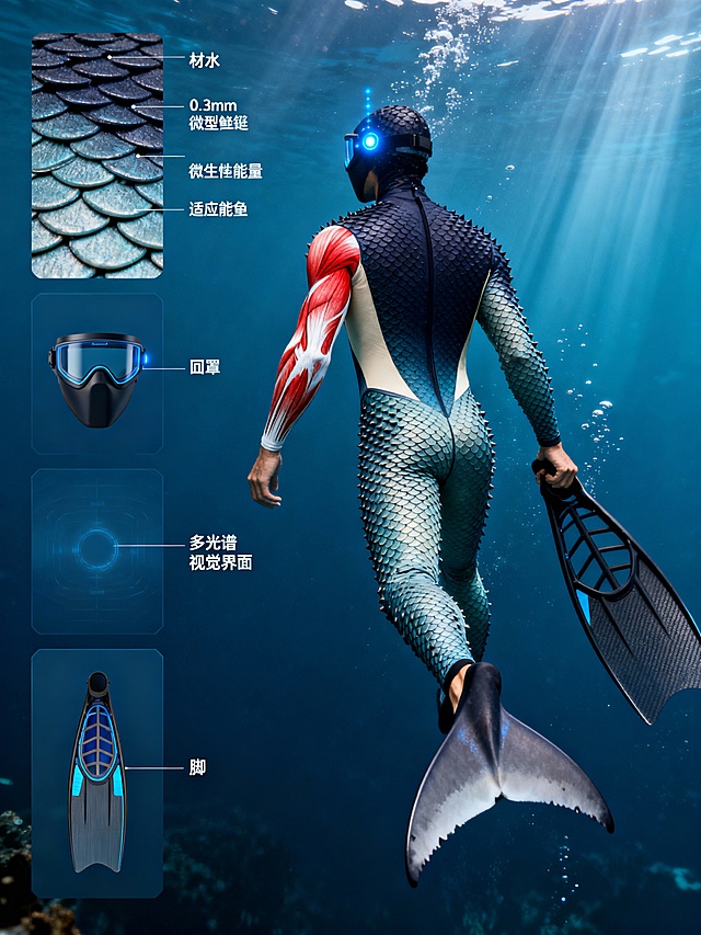 生成大白鲨仿生潜水服与装备套组：

设计概念：将大白鲨的生物特征转化为人体工程学装备

A. 仿生潜水服
- 材质结构：外表面仿盾鳞纹理（0.3mm微型鳍状突起）
- 颜色系统：自适应变色层（背部深色/腹部浅色）
- 温度调节：模仿奇网结构的主动加热层
- 肌肉辅助：红白肌仿生能量储存与释放系统
- 水听器阵列：沿侧线分布的16通道压力传感器

B. 智能面罩
- 视觉增强：多光谱视觉（可见光+紫外+偏振光）
- 电感受器：额头区域的生物电场探测
- 通讯系统：低频声波通讯+手势识别

C. 推进系统
- 仿生脚蹼：鲨鱼尾鳍形态，碳纤维骨架+柔性蒙皮
- 能量回收：腿部运动发电，存储于仿生“红肌”电池

渲染要求：模特穿着效果图+装备分解图+功能标注
风格：高科技运动装备，材质真实感强，动态水中场景