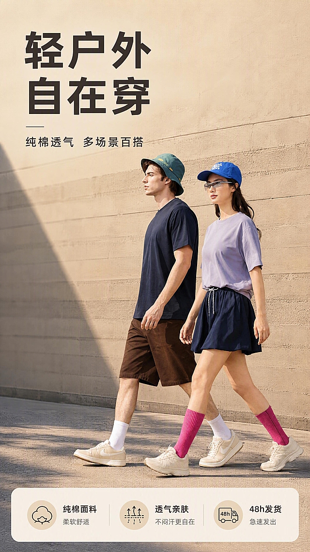[第1张] 详情页头图主视觉 - 轻户外运动纯棉T恤男女同款新品宣传海报。本张使用【图1】作为商品主体，男女模特同框展示藏青色与香芋紫色两款。
[氛围/风格] 城市轻户外风，自然暖调阳光，商业摄影质感，高级简约，突出舒适透气的穿搭氛围。
[元素布局] 男女模特从左向右行走于画面中央偏右，占画面约65%；男模藏青色T恤、女模香芋紫色T恤，版型与颜色严格保持与输入图一致；背景为浅米色水泥墙+地面，上方留出标题区；前景地面有自然光影，增加空间层次。
[光影质感] 午后侧逆光，人物边缘有柔和光晕，正面补光均匀，皮肤与面料质感清晰，地面投射自然拉长阴影。
[配色色系] 全局底色 #E8DCC8 暖米灰；主色藏青#2A3B5C、香芋紫#B8B0D4；辅助色暖白、浅棕墙面。
[视角构图] 平视微仰，人物为视觉中心，阅读动线左上标题 → 中部人物 → 底部卖点条。
[文字版式] 左上标题区：主标题「轻户外 自在穿」大号粗黑体，副标题「纯棉透气 多场景百搭」中号细黑体；底部横向信息条：三个卖点图标+文字「纯棉面料」「透气亲肤」「48h发货」；文字不遮挡人物主体。
[比例分辨率] 9:16竖版比例，4K分辨率，文字清晰可辨，高清画质。
[负向提示词] 人物变形，衣服颜色偏差，版型走样，水印，文字错乱，文字过小，背景杂乱，面部模糊。