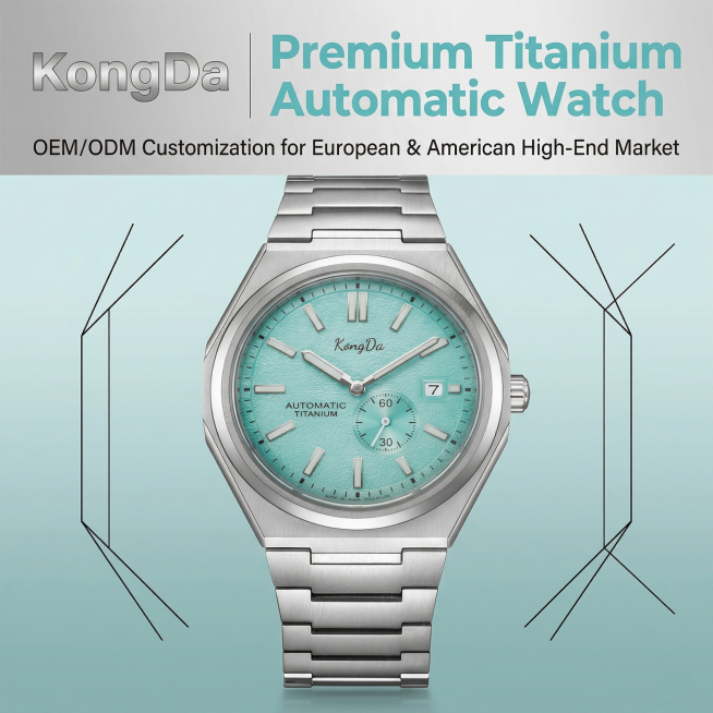 主视觉封面，适配Alibaba B2B，严格还原参考图中康达（KongDa）钛合金自动机械腕表产品，保持所有细节，包括产品外观、包装设计、颜色、LOGO位置、文字内容和图案元素，保持钛合金哑光金属质感预览效果