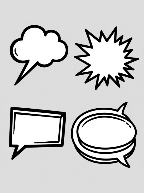 一组4个完全不同造型的漫画风格对话气泡元素集合，保持纯黑线条勾勒、内部纯白填充、简洁手绘感的统一风格，包含云朵形、矩形带尖角、爆炸形带放射线条、双层叠加形等多样化轮廓设计，每个气泡均有清晰的指示小尾巴，整体在纯色背景上呈规整的网格状排布，视觉层次分明，适合作为设计素材使用。预览效果