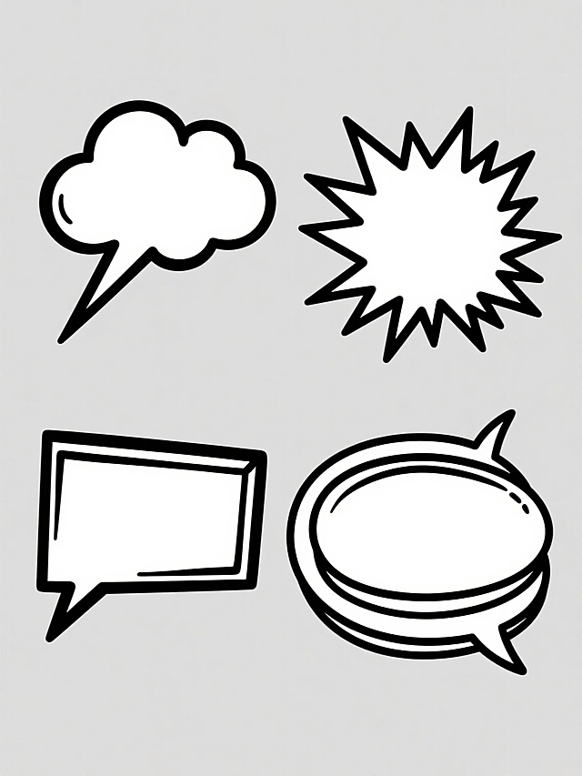 一组4个完全不同造型的漫画风格对话气泡元素集合，保持纯黑线条勾勒、内部纯白填充、简洁手绘感的统一风格，包含云朵形、矩形带尖角、爆炸形带放射线条、双层叠加形等多样化轮廓设计，每个气泡均有清晰的指示小尾巴，整体在纯色背景上呈规整的网格状排布，视觉层次分明，适合作为设计素材使用。