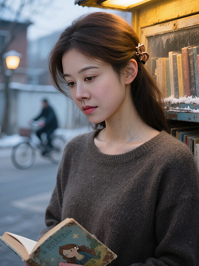 文艺感与复古感交织，柔和光影下，女孩于旧书摊前静读，胶片风色调搭配插画风书籍封面，营造出手账风的温馨氛围。