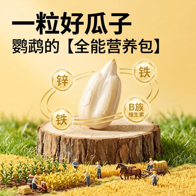 1:1正方形鹦鹉零食电商营养卖点海报，高清创意合成设计，版式1:1精准复刻。画面主体：画面顶部左侧为超大号加粗黑体主标题"一粒好瓜子"，主标题下方副标题"鹦鹉的【全能营养包】"；画面主体为中心放大的去预览效果