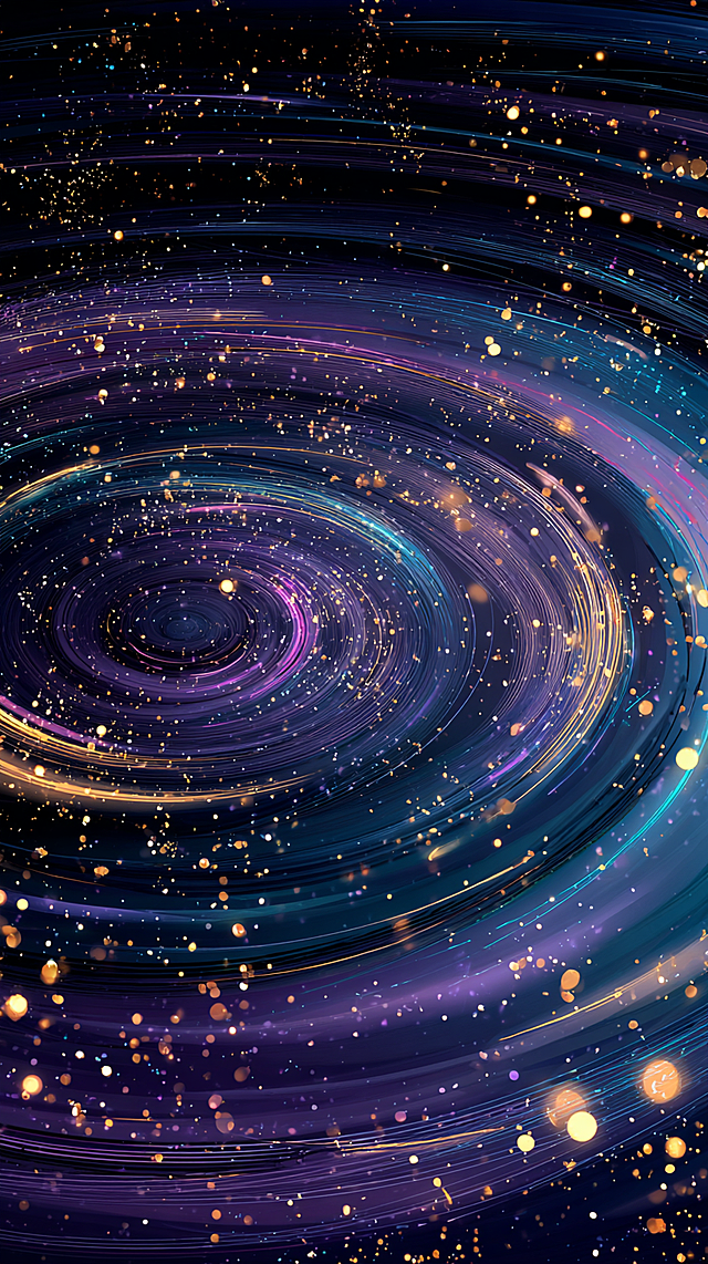 Abstract cosmic landscape, swirling concentric bands, ultramarine and amethyst hues with luminous golden accents, pointillist highlights, chiaroscuro lighting, depth of field, high resolution.