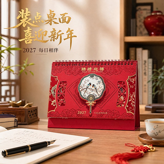 [主图-4] 2027羊年国风台历真实使用场景图，展示书桌办公桌面摆放效果。
[统一基调] 中国红主色调，烫金点缀，新中式国潮风格，高端商业摄影质感，主标题用金色书法宋体，辅助文字用深棕色宋体，整体喜庆大气。
[画面] 新中式风格的书房/办公桌面场景，一台红色锦绣迎禧款国风台历立放在浅木色书桌上，台历旁边搭配一支钢笔、一本翻开的笔记本、一杯清茶，背景隐约可见中式书架或窗棂的虚化剪影。台历为画面视觉中心，正面展示，占画面约40%。自然光从侧方照入，营造温馨雅致的办公/居家氛围。
[光影质感] 自然窗边柔光，台历红色硬壳有真实纸张质感，烫金部分有柔和光泽，桌面有轻微反光，整体光影自然真实，生活方式摄影质感，氛围感强。
[配色] 整体暖色调，中国红台历为视觉焦点，木色桌面、米色背景、绿色植物点缀，色调和谐统一，新中式雅致氛围。
[文字版式] 画面左上角金色书法体标题"装点桌面 喜迎新年"，下方小字深棕色"2027 每日相伴"，文字放在左上角负空间，不遮挡台历主体。
[输出要求] 1:1正方形比例，2048x2048，文字清晰，台历主体清晰，场景自然真实，无变形无错字，无水印无平台logo，画面温馨有质感。