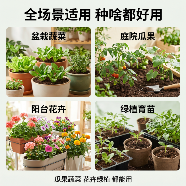 [主图-4] 家庭园艺营养土适用场景展示图。
[氛围风格] 清新实用生活风
[画质] 商业摄影质感、光线柔和通透、产品清晰真实、画面干净高级
[元素] 顶部主标题，下方采用四宫格排列不同种植场景，分别预览效果