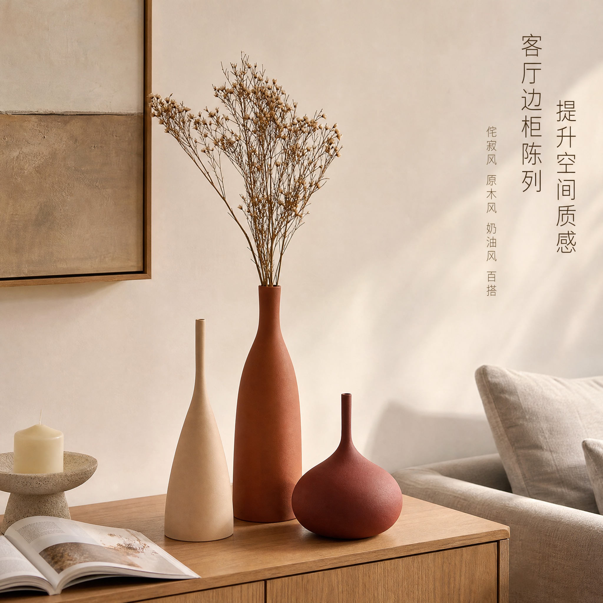 [主图-3] 莫兰迪色艺术陶瓷花瓶三件套 客厅场景陈列搭配图。… - 图片创意预览