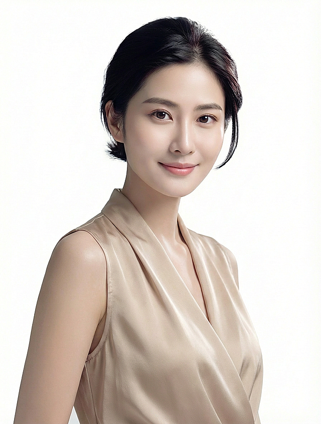 衣服换成米黄色丝质，五官稍微 改变一下