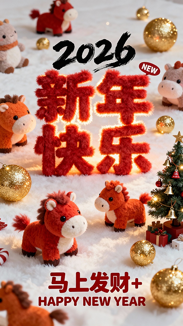 毛发生长风软3D卡通马群环绕毛绒“新年快乐”字样，国潮喜庆红金配色，微缩艺术场景营造童趣节日氛围，2026新春贺岁主题。