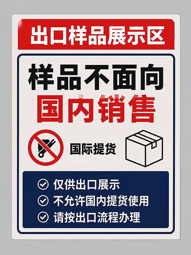 版本2：顶部标题栏式提示牌。竖版构图，浅灰色背景，顶部是醒目的红色圆角矩形标题栏，里面用白色粗体字写着"出口样品展示区"。标题栏下方是主要内容区，用深蓝色细边框包围。第一行大字号黑色粗体字"样品不面向"，第二行更大字号红色粗体字"国内销售"，非常醒目。中间区域左右分布：左边是一个红色禁止图标（禁止提货的图案），旁边写着"国际提货"；右边是一个纸箱图标。底部是深蓝色通栏区域，里面有三条带白色对勾的白色文字："仅供出口展示"、"不允许国内提货使用"、"请按出口流程办理"。整体风格醒目直接，信息层级分明，红蓝色调搭配，视觉冲击力强。版式精美，文字清晰可读。