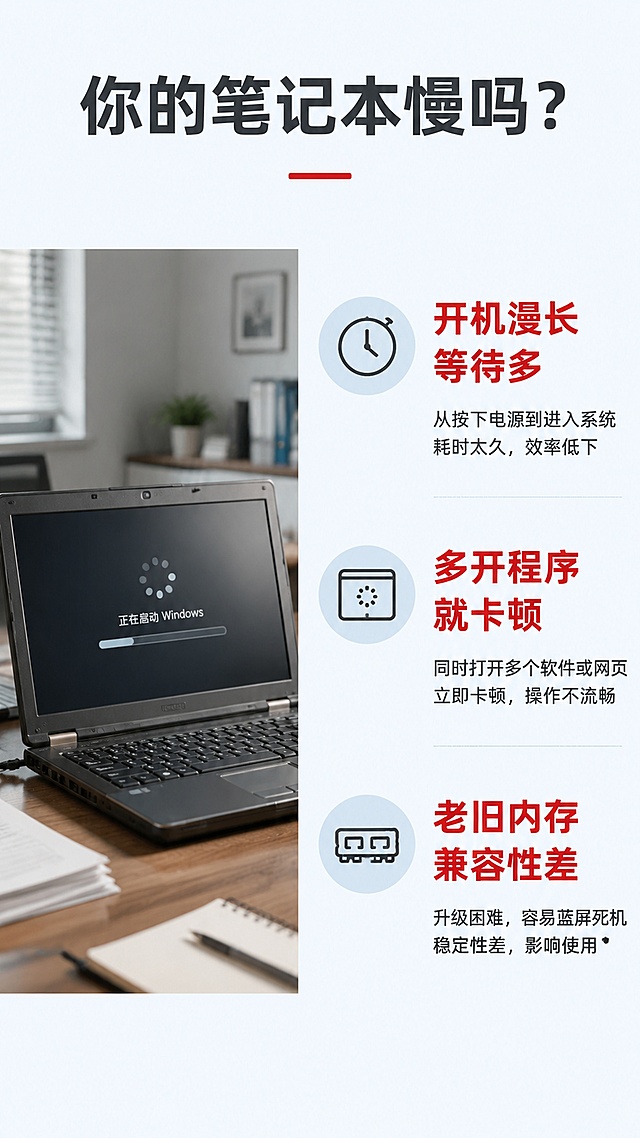 [第2屏] 痛点直击-老旧笔记本使用困扰展示。本屏无需产品图。
[氛围/风格] 写实困扰场景风，柔和办公场景背景，对比突出问题。
[元素布局] 画面左侧放老旧笔记本电脑开机卡顿的场景图，右侧分三行列出核心痛点，标题放在顶部居中；场景占画面40%，文字占60%。
[光影质感] 整体偏柔和自然光，痛点文字用红色高亮标注，清晰易读。
[配色色系] 全局底色 #F5F7FA，主色深灰文字，辅助红色高亮、浅蓝背景。
[视角构图] 横向分栏，顶部标题，左场景右文字，从上到下阅读动线清晰。
[文字版式] 顶部居中主标题「你的笔记本慢吗？」，分三个痛点：「开机漫长等待多」「多开程序就卡顿」「老旧内存兼容性差」，每个痛点配简单图标，文字大小适合手机阅读，清晰不拥挤。
[比例分辨率] 9:16竖版比例，4K分辨率，文字清晰可辨，高清画质。
[负向提示词] 文字错乱，文字过小，背景杂乱，水印，违规引导语