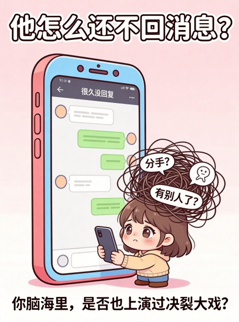 参考上传图片的卡通矢量插画风格，巨大的卡通手机屏幕，屏幕上显示着很久没回复的聊天界面，屏幕前的Q版人物盯着手机，头顶冒出一团乱糟糟的毛线团线条代表思绪混乱焦虑，毛线团里浮现出“分手？”“有别人了？”的预览效果