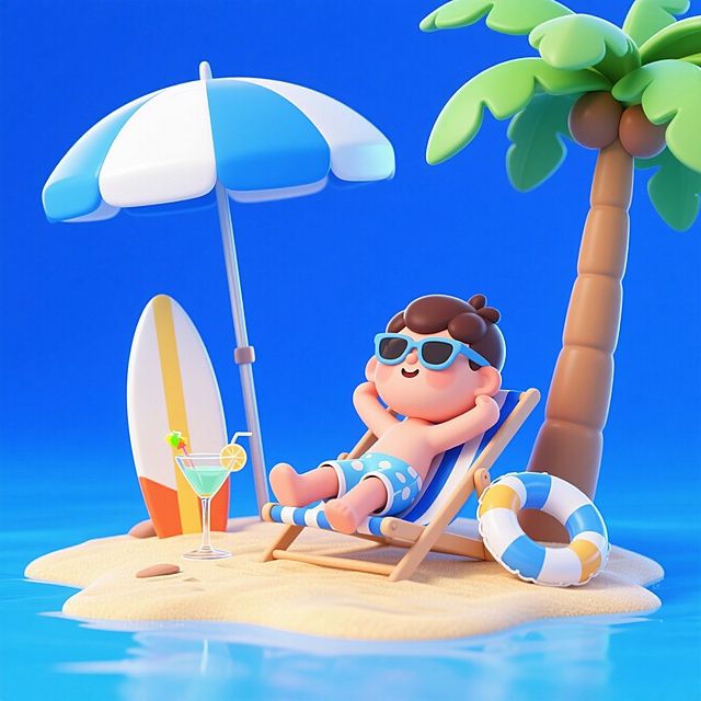 清新软3D风，卡通人物在沙滩上悠闲度假，简约设计展现夏日清凉氛围。