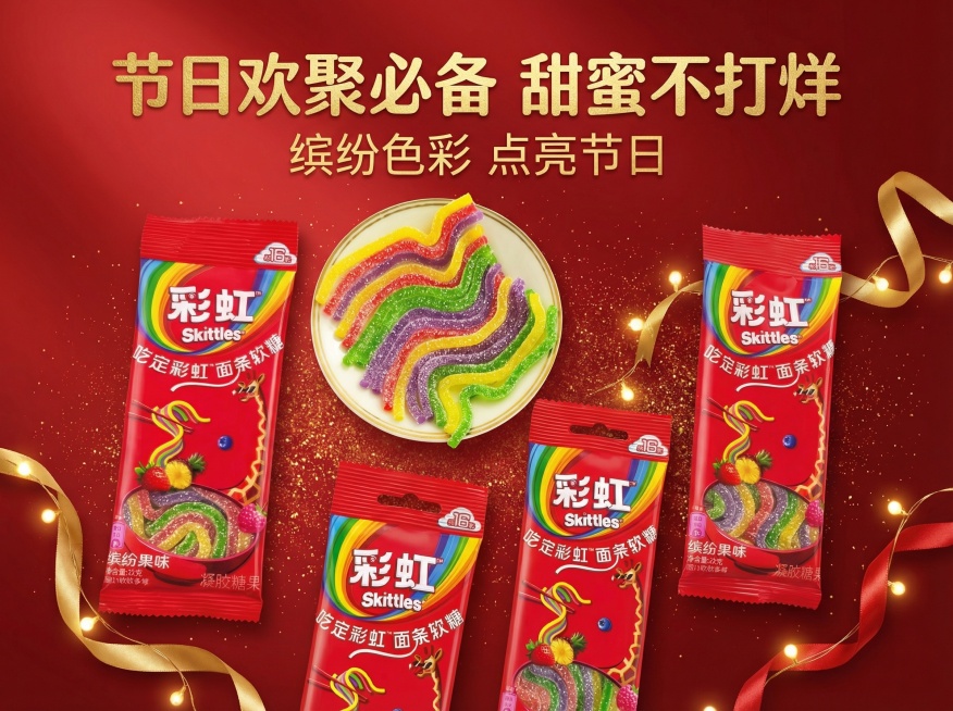 打造节日限定风格主图，背景用带有金色闪粉的红色渐变，搭配彩带、小彩灯元素，展示箭牌彩虹面条软糖，添加卖点文字“节日欢聚必备 甜蜜不打烊”“缤纷色彩 点亮节日”，画面喜庆高级有食欲预览效果