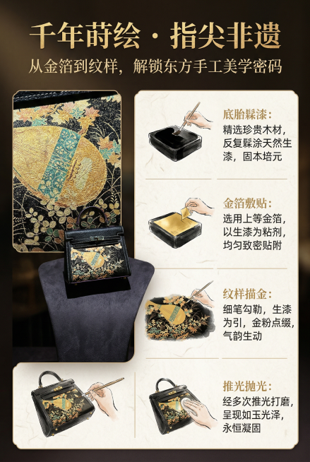 基于上传产品图保持所有细节不变，左侧为产品莳绘纹样局部特写小图，右侧为分步工艺可视化插画。顶部居中放置主标题"千年莳绘 · 指尖非遗"，衬线烫金字体，字号醒目；下方放置副标题"从金箔到纹样，解锁东方手预览效果