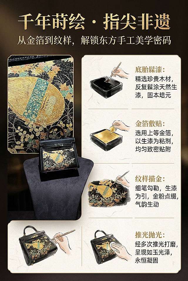基于上传产品图保持所有细节不变，左侧为产品莳绘纹样局部特写小图，右侧为分步工艺可视化插画。顶部居中放置主标题"千年莳绘 · 指尖非遗"，衬线烫金字体，字号醒目；下方放置副标题"从金箔到纹样，解锁东方手工美学密码"，无衬线浅金色字体；画面左侧分步展示莳绘核心步骤：1.底胎髹漆 2.金箔敷贴 3.纹样描金 4.推光抛光，用浅金色线条分隔步骤，搭配极简和风插画；右侧为对应步骤的文字说明，字体统一为无衬线体。整体风格为东方雅致轻奢风，暖调柔光打光，插画与文字排版精致。避免模糊、低分辨率、插画风格杂乱，禁止修改莳绘工艺步骤逻辑，禁止添加无关现代元素，避免过度曝光、色彩偏差，禁止文字排版混乱、字体不统一，避免出现水印、logo遮挡内容，避免画面割裂感，禁止使用廉价滤镜、强光刺眼，禁止插画与东方美学风格不符，禁止比例失调。