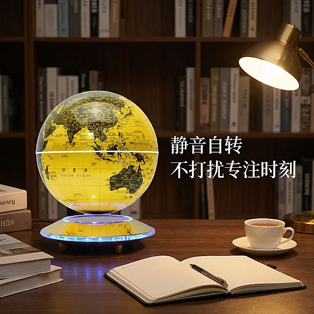 卖点图4：突出静音卖点，磁悬浮地球仪放置在书桌，旁边搭配文案"静音自转 不打扰专注时刻"，用安静的书房场景衬托产品的低噪音特性