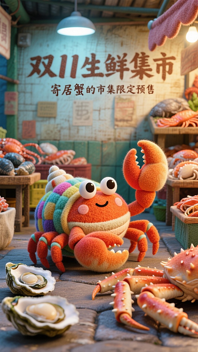 软3D风拟人螃蟹萌趣登场，毛发生长质感搭配粘土风市集，温馨卡通场景传递双11生鲜促销的可爱与趣味。