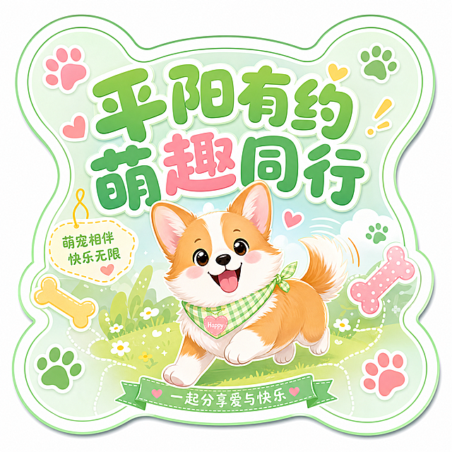 平阳萌宠活动主题异形贴纸，中心放置卡通柯基摇尾巴，边缘异形抠图贴合骨头轮廓，圆润大字主标题"平阳有约 萌趣同行"，整体马卡龙浅绿色系，边角点缀骨头、爪印、爱心装饰，清新活泼风格