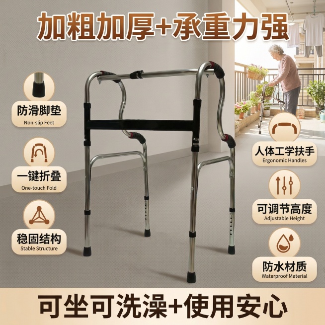 这张图片是产品主体这款产品是助行器  我需要设计20张主图在拼多多上面售卖    可以用 老年人等场景进行主图场景布局设计一个高级主图  一些主图文案内容  厂家直销 可推可坐 加粗加厚 轻便省力 承预览效果