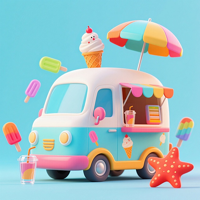 一辆冰淇淋车，周围有冰棒、饮料、海星、遮阳伞等元素做装饰，撞色，淡蓝色背景