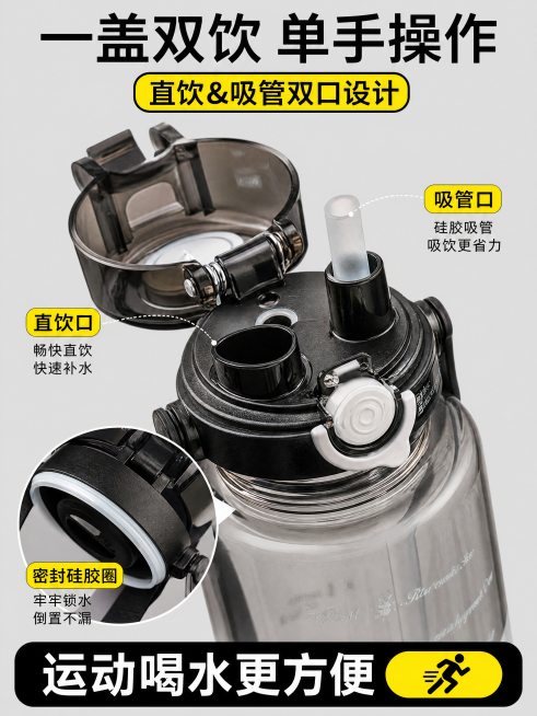 [第5屏] 双饮杯盖细节特写，弹开状态展示直饮+吸管双口，放大密封圈防漏细节，顶部标题"一盖双饮 单手操作"，底部说明"运动喝水更方便"，保持结构和原图一致，浅灰背景，3:4竖屏，4K，细节清晰，负向预览效果
