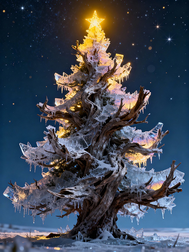 3D风冰晶圣诞树，玻璃质感与光影交织，星夜下透出梦幻唯美感，静谧神秘中绽放冬日浪漫。