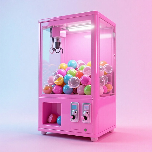 一台完整的娃娃机全身，里面堆满多种颜色透明材质的空扭蛋壳，粉色背景，四周留白