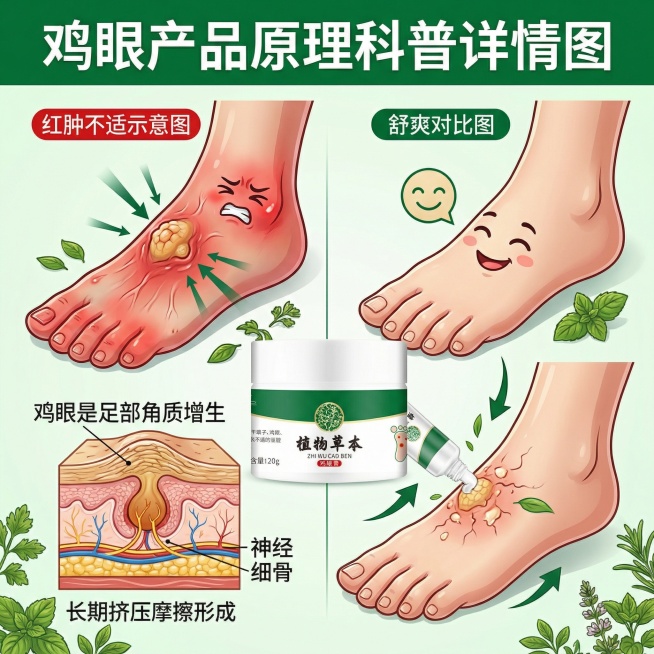 3. 痛点唤醒（四大鸡眼问题）
亮点：用真实鸡眼问题图片 + 文字标签，直击用户痛点，引发 “我也有这个问题” 的共鸣。
作用：制造需求，让用户产生 “需要解决” 的动机。
4. 原理科普（鸡眼是什么预览效果