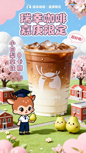 An ultra-cute chibi-style promotional poster for Luckin Coffee's "Xiaobai Pear Latte" at Xiamen Univ预览效果