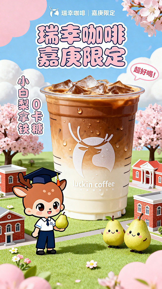 An ultra-cute chibi-style promotional poster for Luckin Coffee's "Xiaobai Pear Latte" at Xiamen University Tan Kah Kee College. The centerpiece is the perfectly cut-out Luckin Coffee cup from the reference image, with all original details intact: the cartoon deer logo, water droplets, layered coffee-milk gradient, and "luckin coffee" text. Surrounding the cup are adorable chibi characters: a chibi version of the Luckin deer wearing a tiny graduation cap, a cute student in Tan Kah Kee College uniform (white shirt + navy skirt/pants) holding a pear, and small anthropomorphic pear characters with smiling faces. The background is a pastel-colored mini campus: tiny red-brick buildings, cherry blossom trees, fluffy clouds, and small flowers. The color palette is bright and playful, dominated by pastel pinks, sky blues, mint greens, and warm coffee browns. Text elements: top center reads "瑞幸咖啡 | 嘉庚限定" in a super rounded, bubbly font, left side has vertical text "小白梨拿铁 0卡糖" in a cute hand-drawn style, right side has a speech bubble with "超好喝！". The overall style is kawaii, energetic, and friendly, with soft rounded edges, big eyes on characters, and gentle shadows. High resolution, 8K, flat design with subtle gradients, no harsh lines, perfect for young student audiences.
