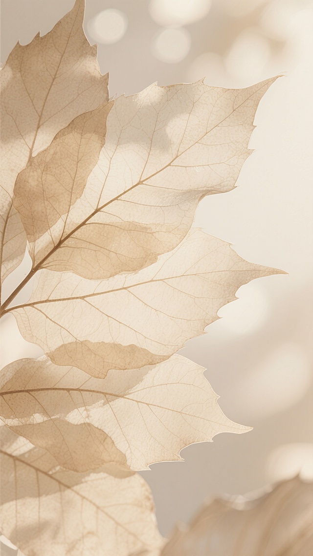 细腻的水彩风格纹理背景，半透明的米黄色树叶脉络层层叠叠，轻盈飘逸的叶片边缘呈现柔和的渐变晕染效果，整体色调统一在温暖的米色系中，光影透过叶片形成朦胧的光斑，营造出宁静优雅的自然氛围，树叶的纹理细节清晰可见，呈现出有机的自然美感。