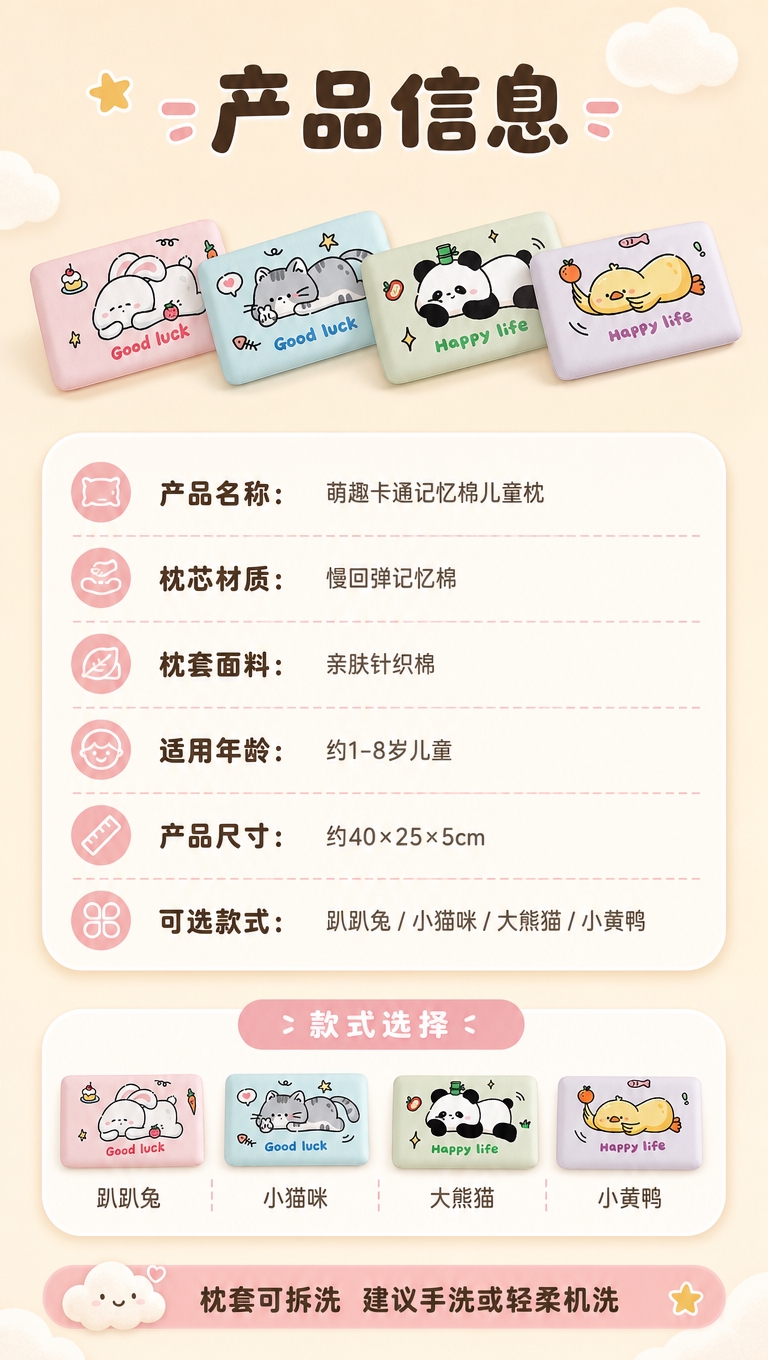 [商品] 使用【图1】4款萌趣卡通记忆棉儿童枕小图展示；保留每… - 图片创意预览